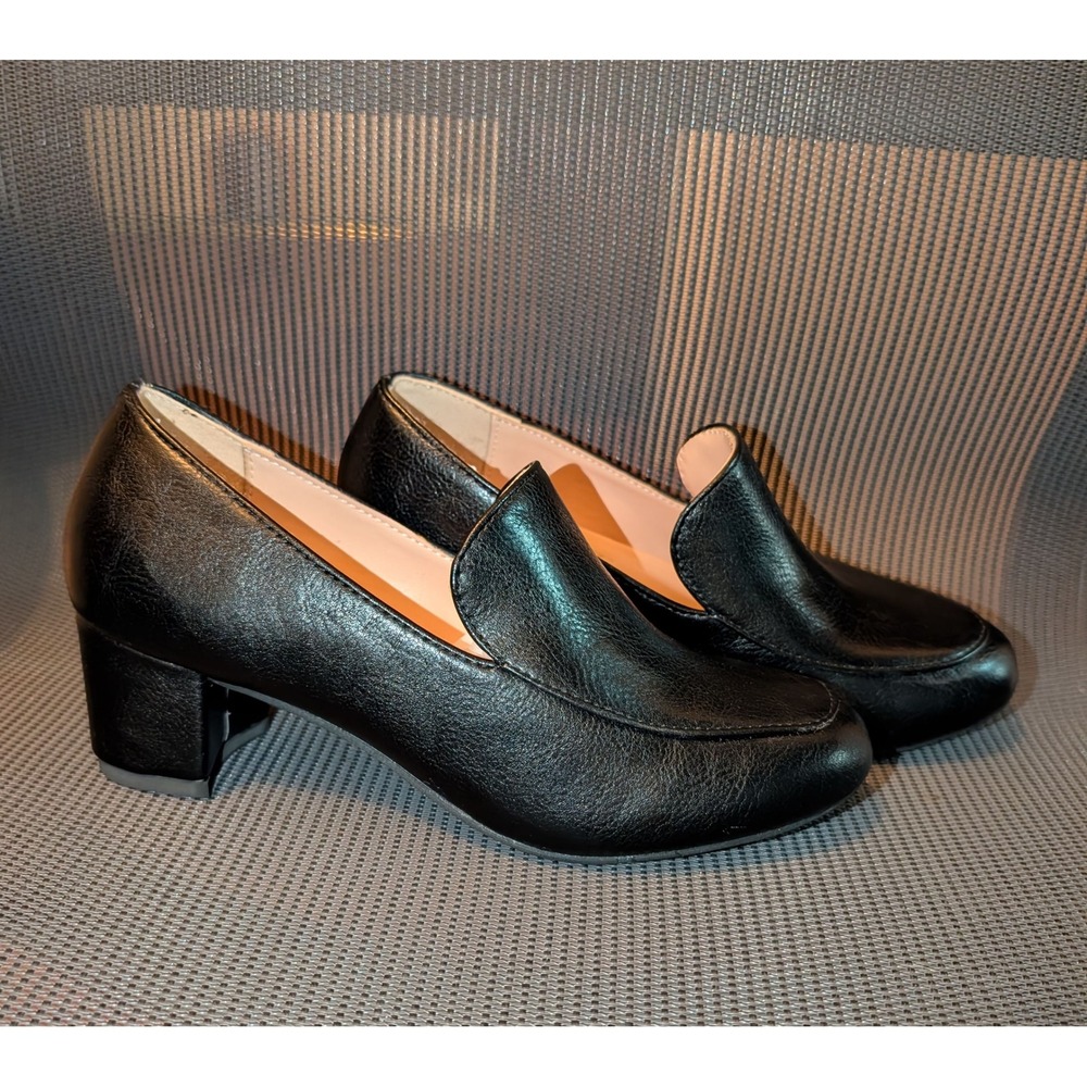 Women's Black Faux Leather Block Heel Loafers Slip-On Dress Shoes Size 4